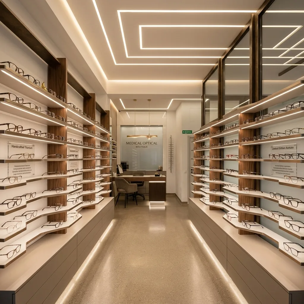Colecție rame ochelari premium expuse în optică medicală